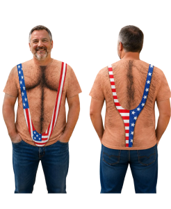 Premium American Flag Hairy Chest T-Shirt | Funny 3D Patriotic Graphic Tee 2 American Flag Hairy Chest T-Shirt