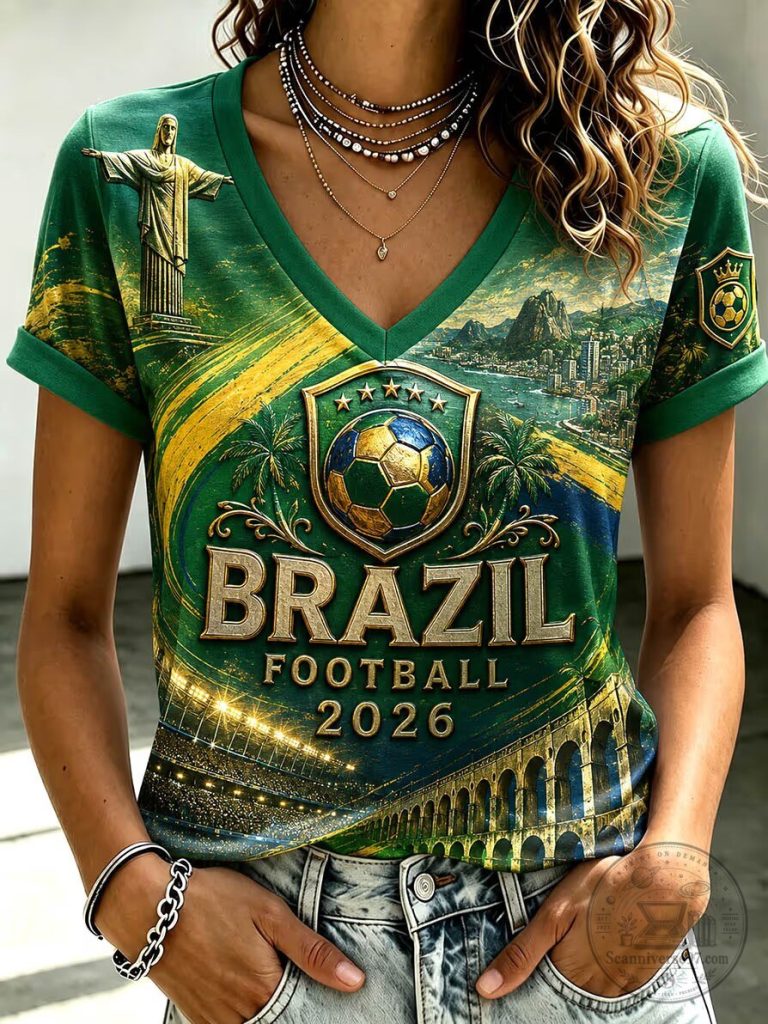 Brazil Football 2026 World Cup Fan V-Neck T-Shirt 4 Brazil Football 2026 World Cup Fan V-Neck T-Shirt