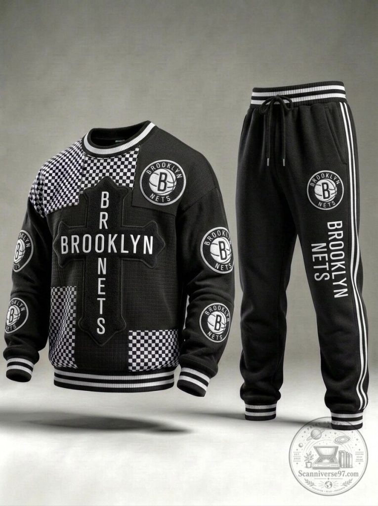 Brooklyn Nets Black and White Checkerboard Crewneck Sweatshirt and Jogger Set 28 Brooklyn Nets Black and White Checkerboard Crewneck Sweatshirt and Jogger Set