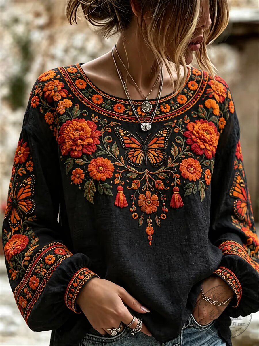 Embroidered Butterfly Floral Bohemian Long-Sleeve Blouse for Women