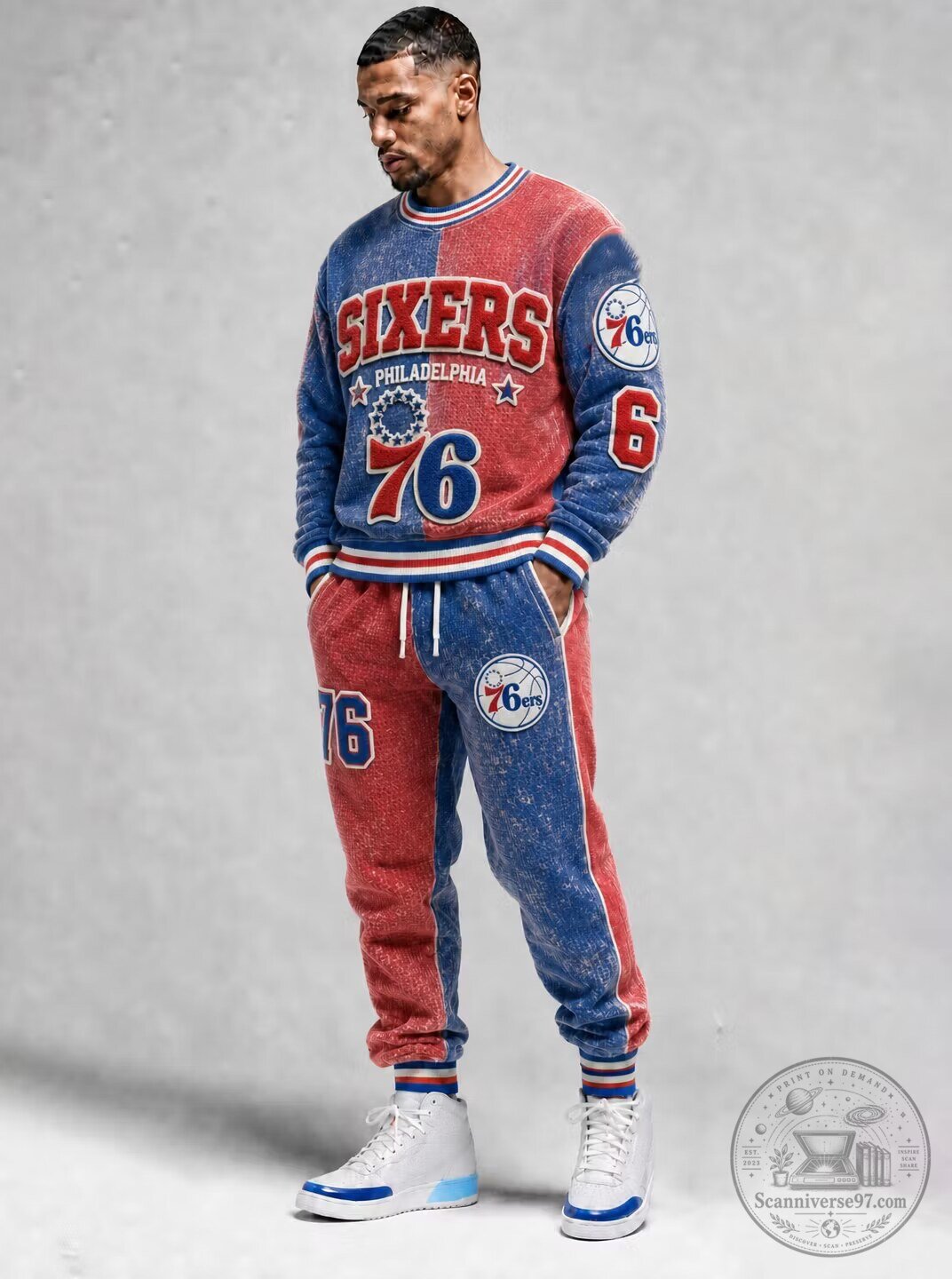 Philadelphia 76ers Vintage Distressed Red Blue Crewneck Sweatshirt