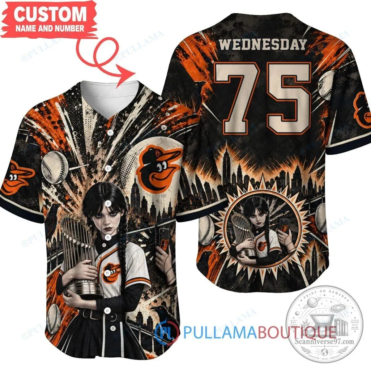 Wednesday Addams Baltimore Orioles Baseball Jersey Custom Name Number