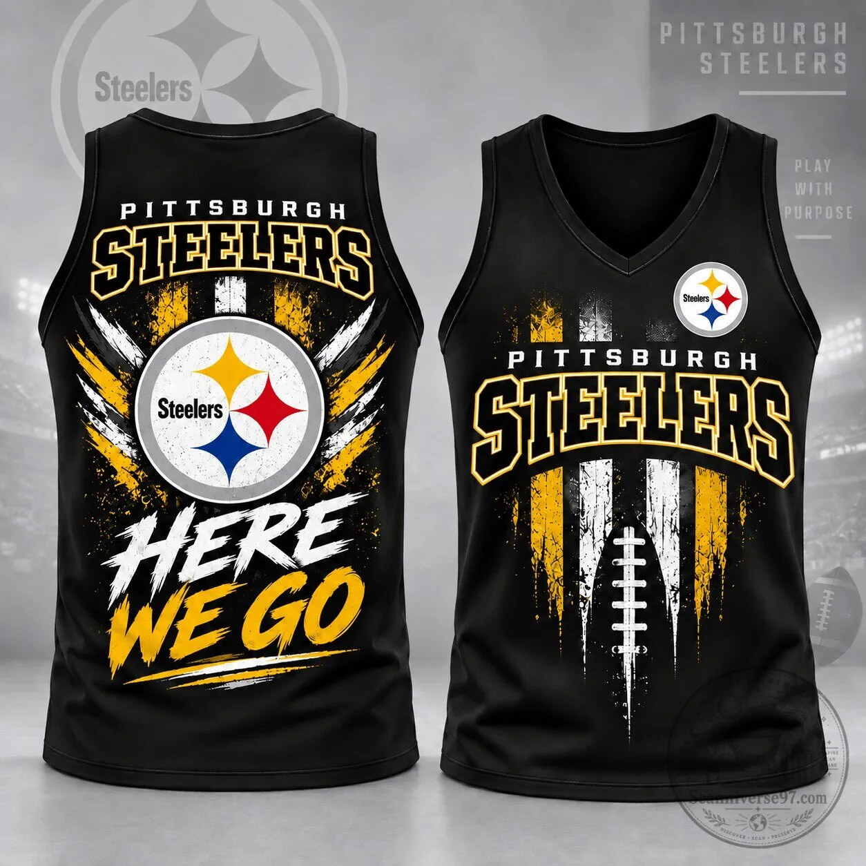 Pittsburgh Steelers Football Team Fan Here We Go Distressed Tank Top