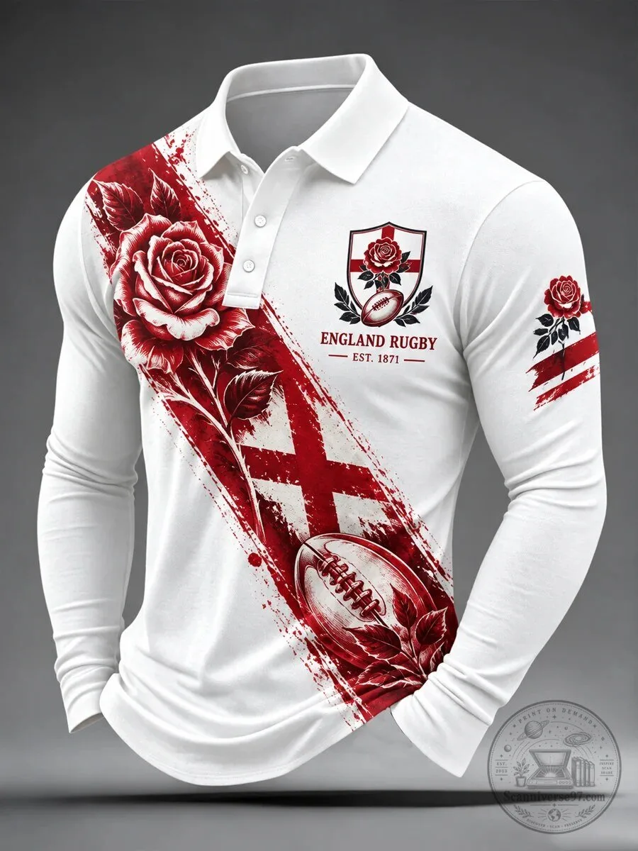 England Rugby Rose Emblem Long Sleeve Polo Shirt for Men