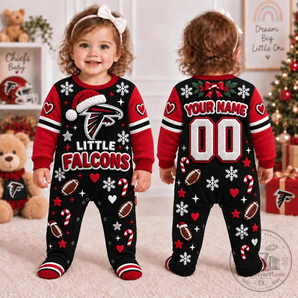 Atlanta Falcons Christmas Baby Footed Pajamas Custom Name and Number Infant Romper Atlanta Falcons Christmas Baby Footed Pajamas Custom Name and Number Infant Romper