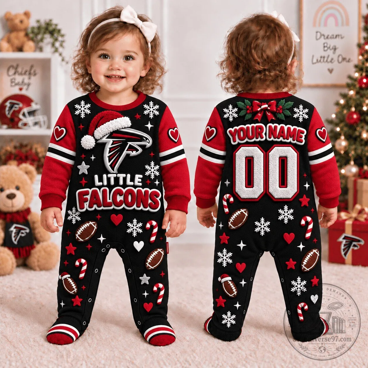 Atlanta Falcons Christmas Baby Footed Pajamas Custom Name and Number Infant Romper