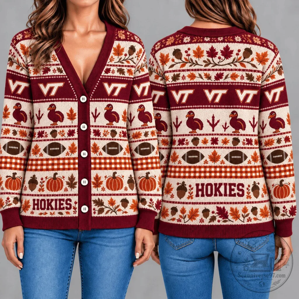 Virginia Tech Hokies Thanksgiving Ugly Christmas Sweater Cardigan Virginia Tech Hokies Thanksgiving Ugly Christmas Sweater Cardigan