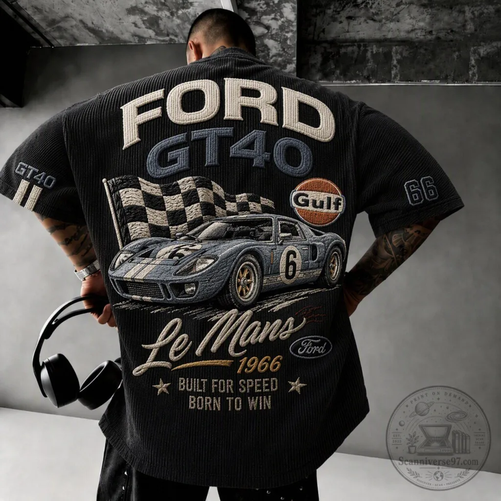 Ford GT40 Le Mans 1966 Racing Car Graphic Print Oversized Casual T-Shirt Ford GT40 Le Mans 1966 Racing Car Graphic Print Oversized Casual T-Shirt