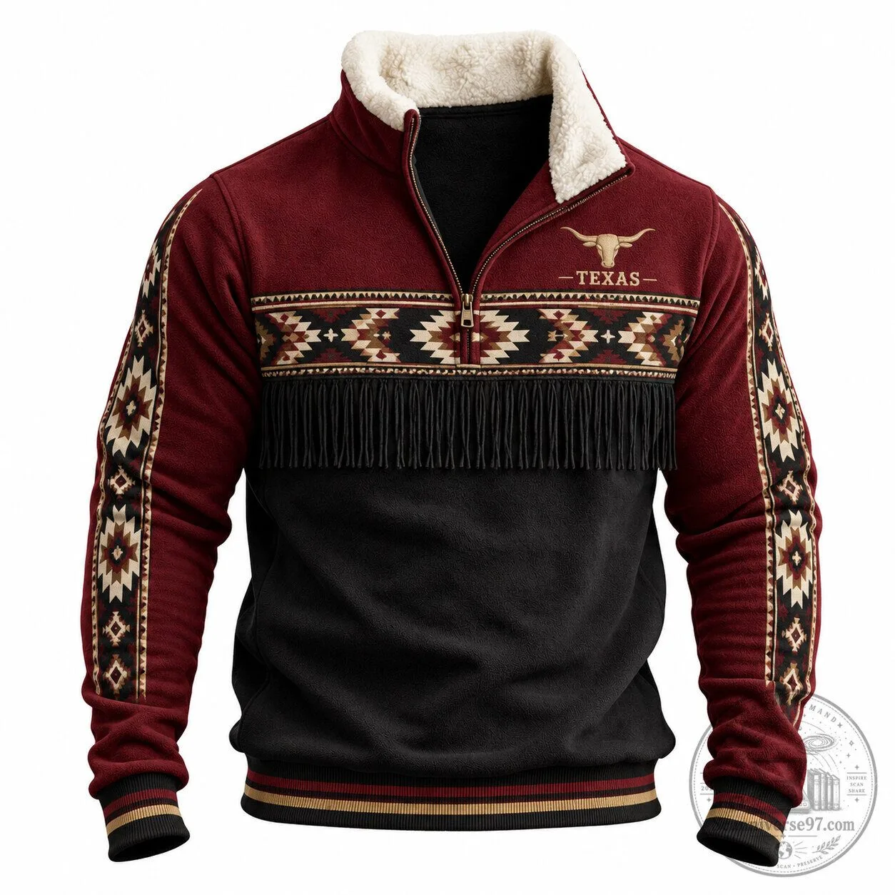 Texas Longhorn Western Aztec Fringe Half-Zip Sweatshirt