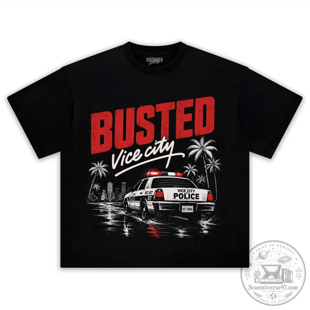 GTA 6 Busted Vice City Police Car Graphic Black T-Shirt GTA 6 Busted Vice City Police Car Graphic Black T-Shirt