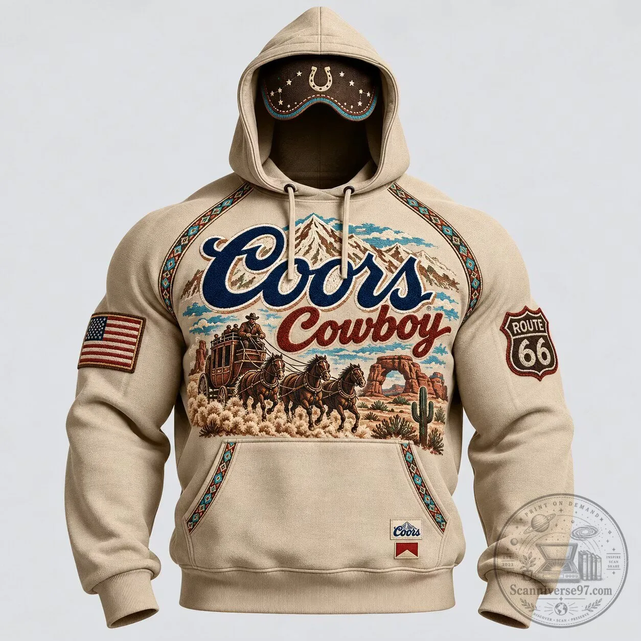 Coors Cowboy Western Landscape Beige Pullover Hoodie with Route 66 Patch