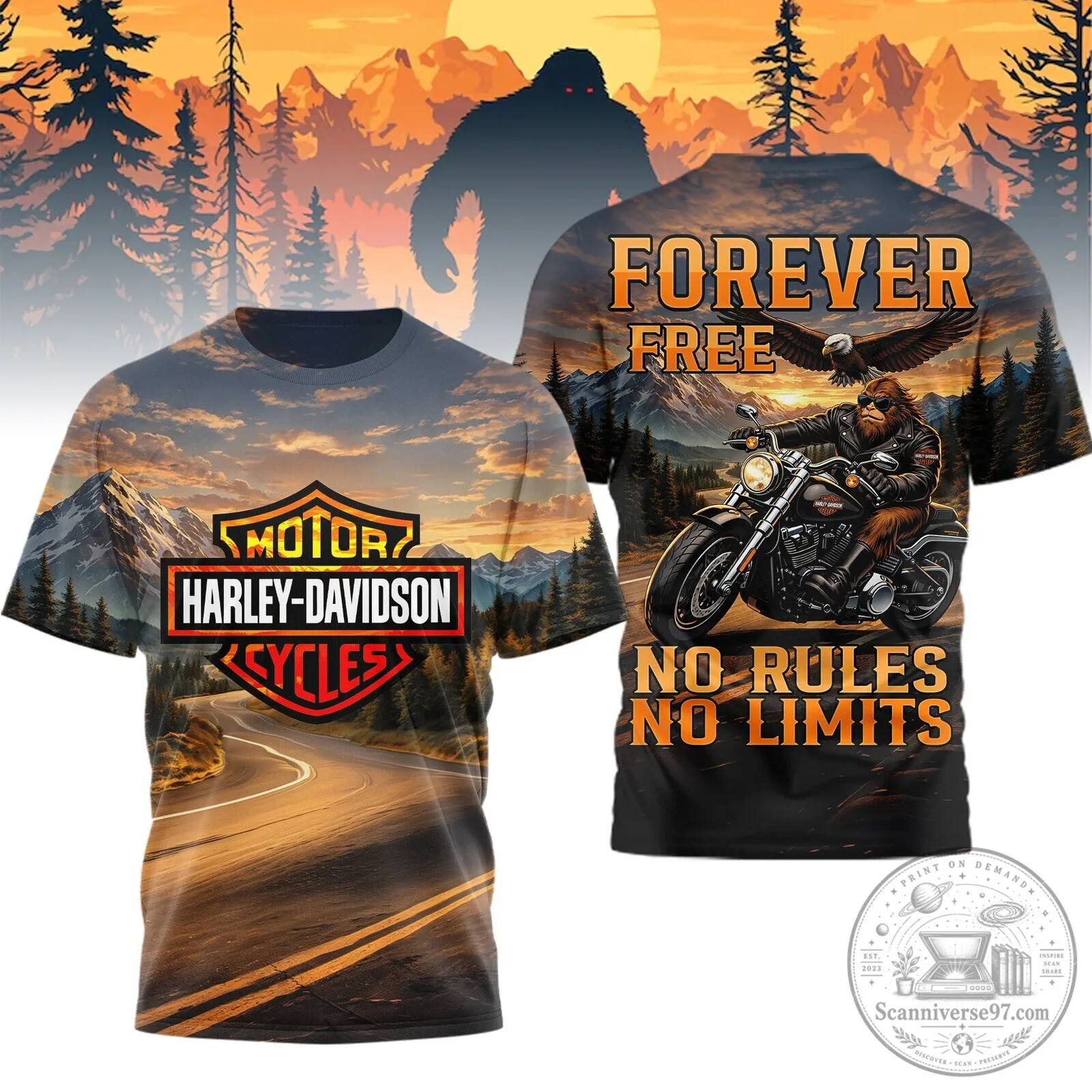 Harley Davidson Shirt with Bigfoot Riding Motorcycle and Forever Free Slogan