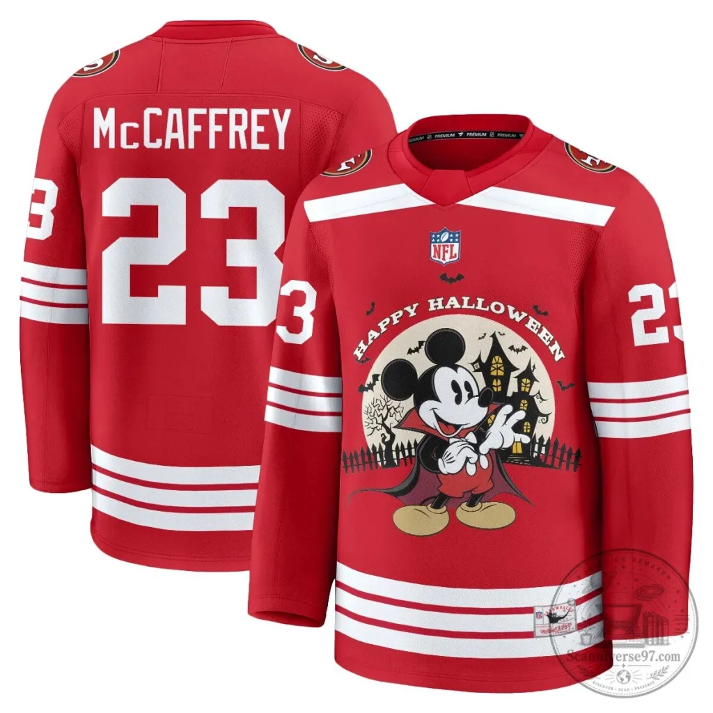 Christian McCaffrey San Francisco 49ers Halloween Mickey Mouse Hockey Jersey 19 Christian McCaffrey San Francisco 49ers Halloween Mickey Mouse Hockey Jersey