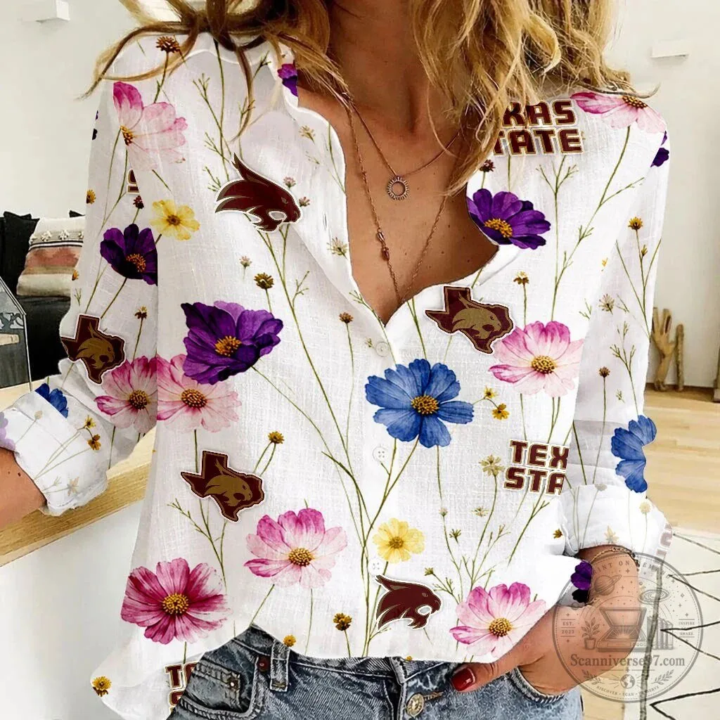 Texas State Bobcats Floral Pattern Women's Button Down Long Sleeve Shirt