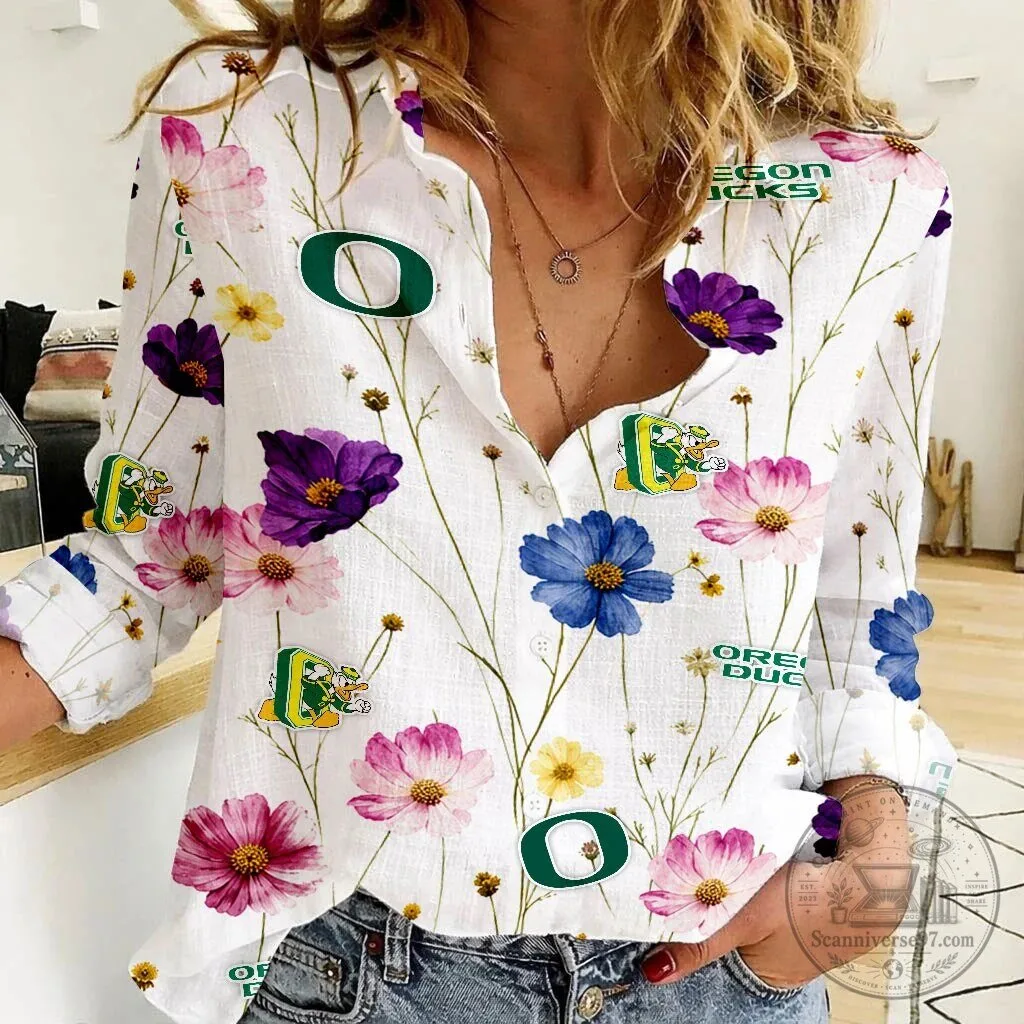 Oregon Ducks Shirt Women's Floral Button Down Long Sleeve Casual Top