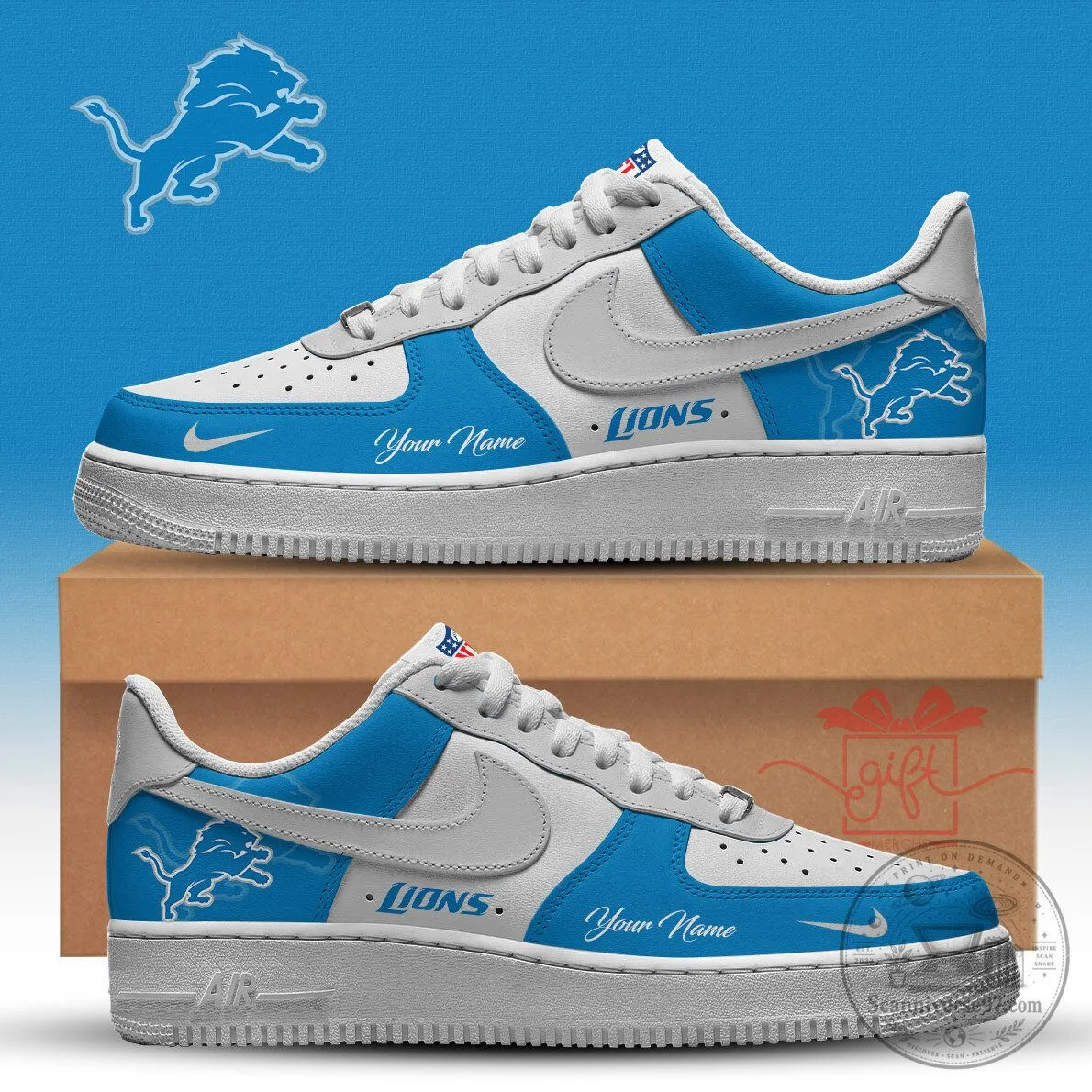 Detroit Lions Custom Name White and Blue Low Top Sneakers