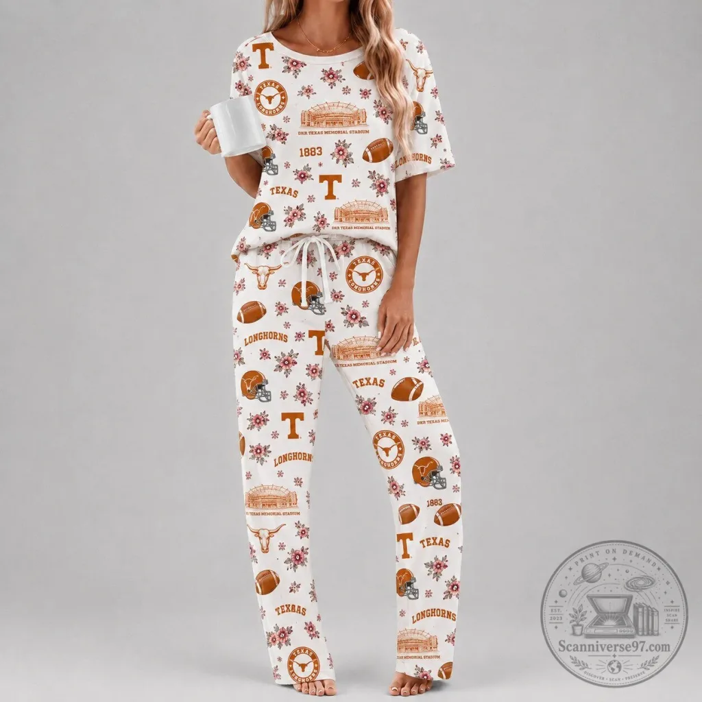 Texas Longhorns Floral Pattern Women's Short Sleeve Pajama Set Texas Longhorns Floral Pattern Women's Short Sleeve Pajama Set
