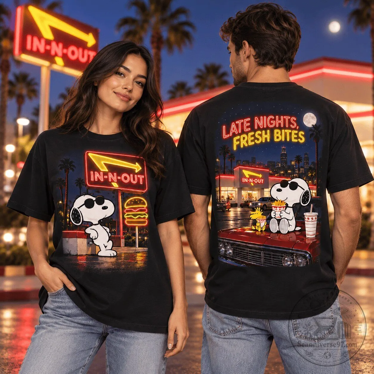 Snoopy In-N-Out Burger Neon Sign Late Nights Fresh Bites Black T-Shirt 1 Snoopy In-N-Out Burger Neon Sign Late Nights Fresh Bites Black T-Shirt