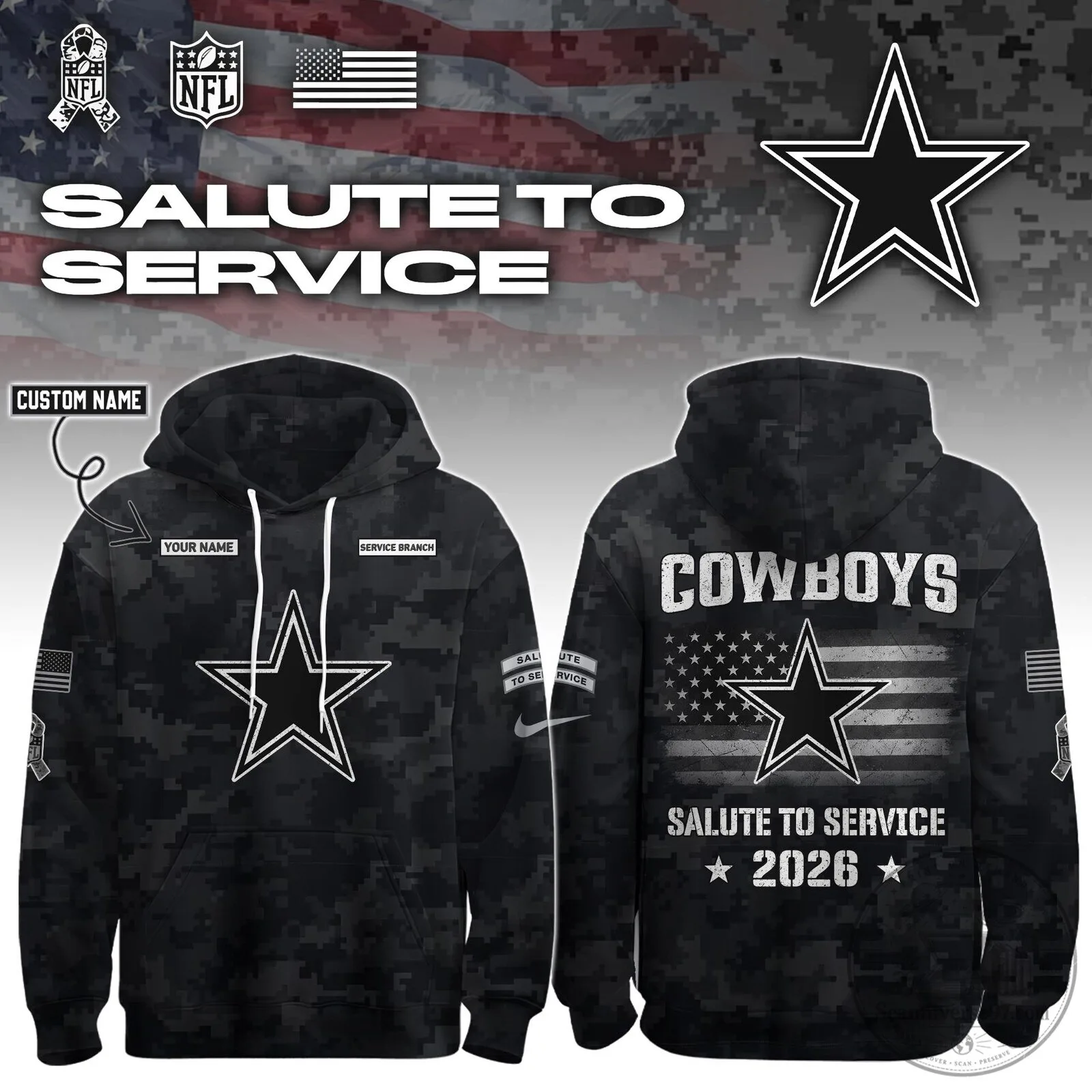 Dallas Cowboys Salute To Service 2026 Custom Name Hoodie