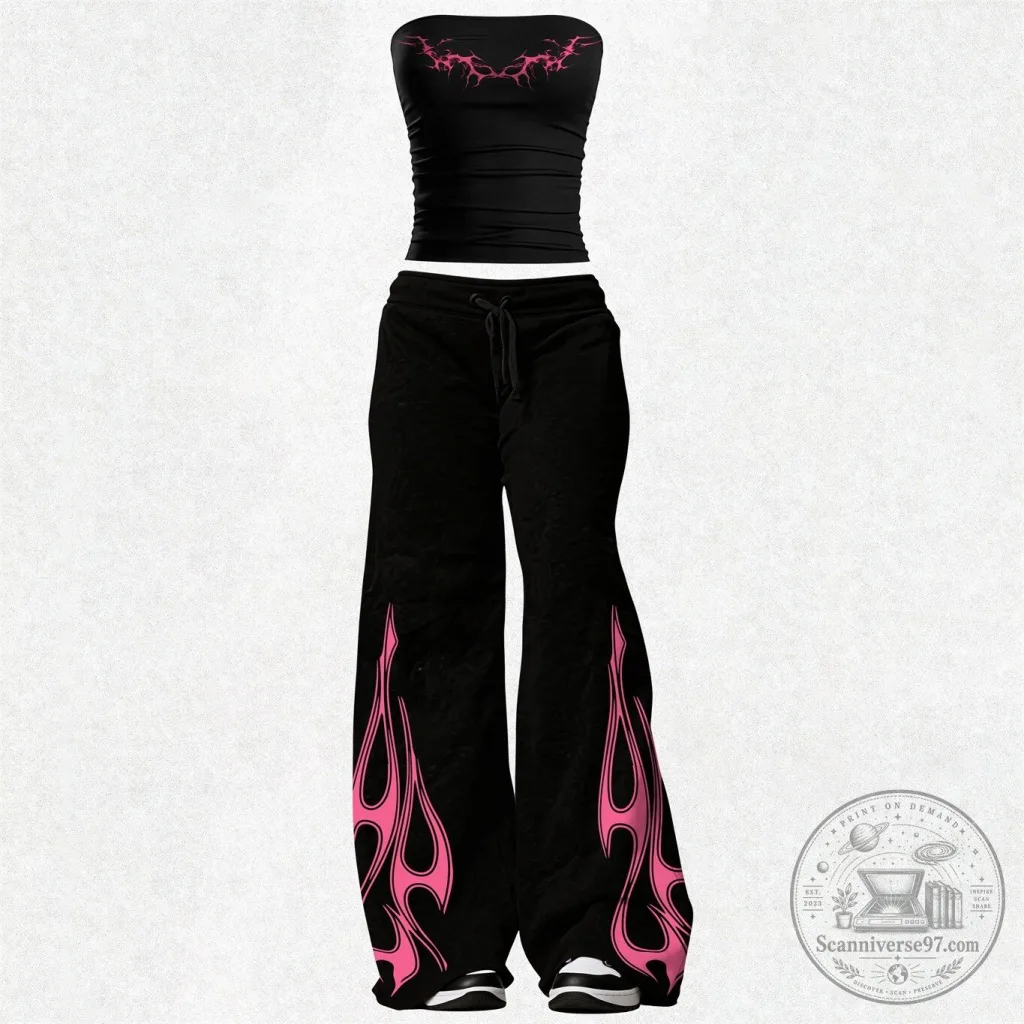 Y2K Grunge Pink Flame Bandeau Top and Elasticated Trousers Two-Piece Set 24 Y2K Grunge Pink Flame Bandeau Top and Elasticated Trousers Two-Piece Set