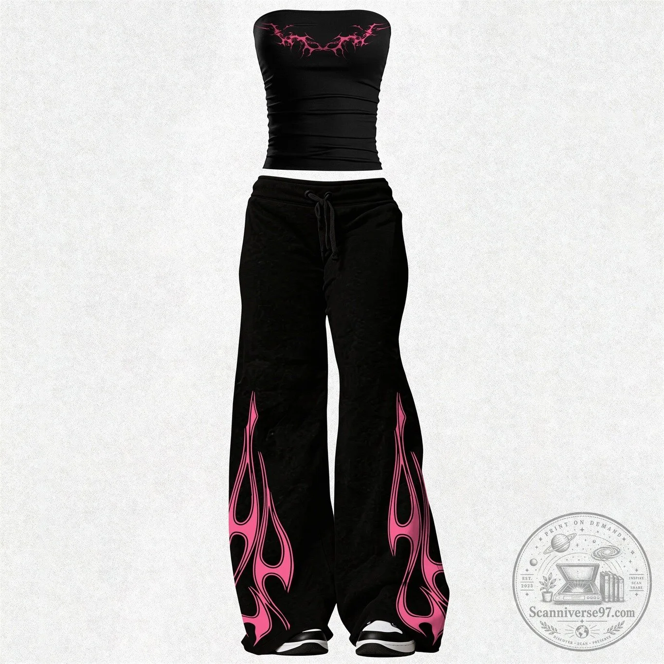 Y2K Grunge Pink Flame Bandeau Top and Elasticated Trousers Two-Piece Set
