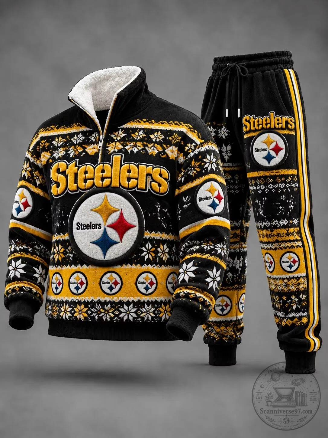 Set of Jogger Pants and Quarter Zip Pullover Sweatshirt for Ugly Christmas by Pittsburgh Steelers