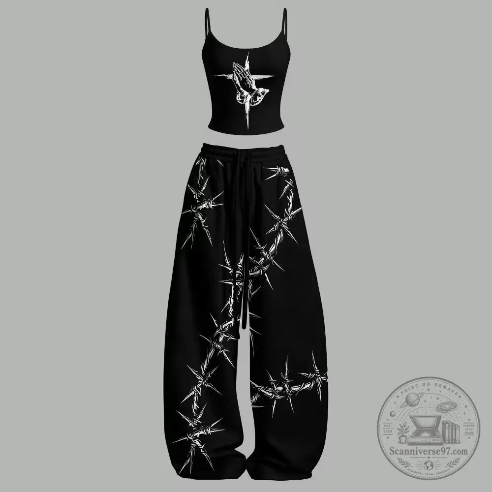Praying Hands Barbed Wire Crop Top and Pants Two Piece Set