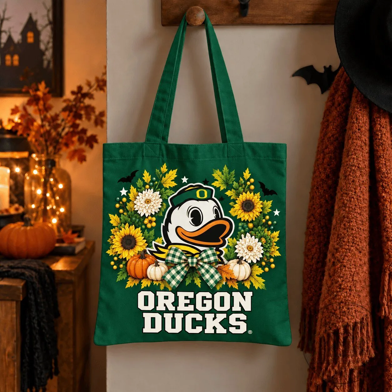 Oregon Ducks Halloween Donald Duck Sunflowers Fall Leaves Green Tote Bag