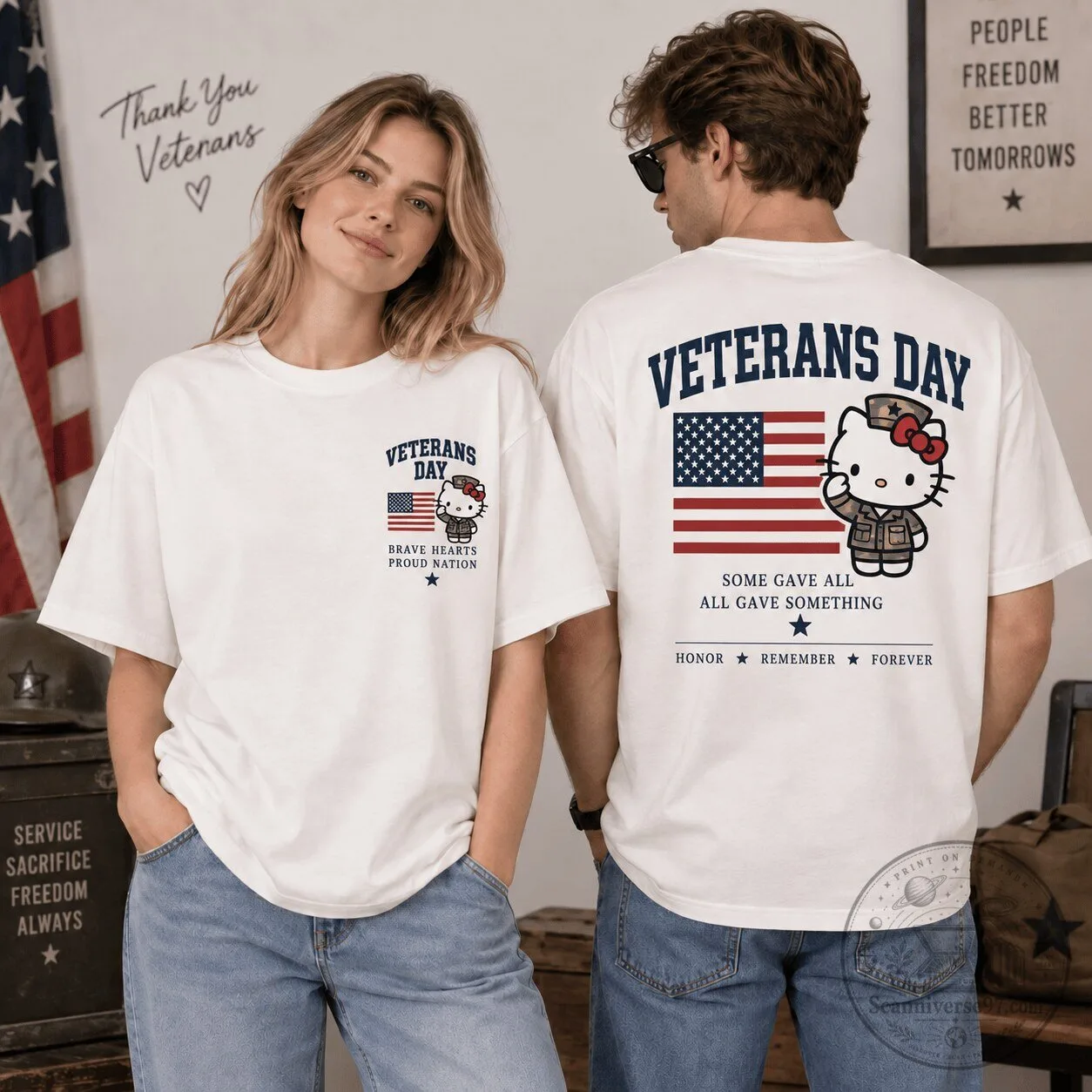 Hello Kitty Veterans Day Brave Hearts Proud Nation American Flag T-Shirt