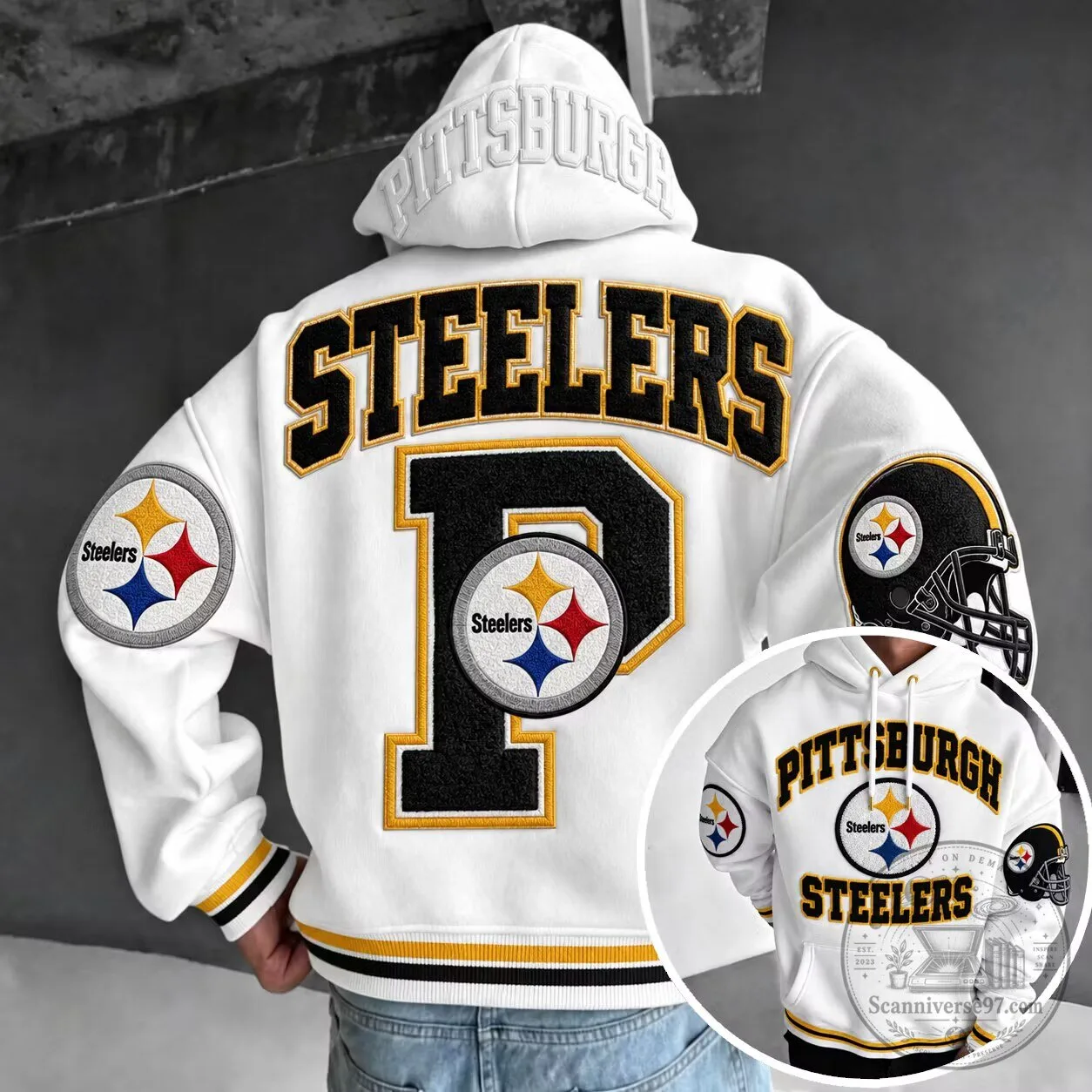 Pittsburgh Steelers Embroidered Varsity Style White Hoodie