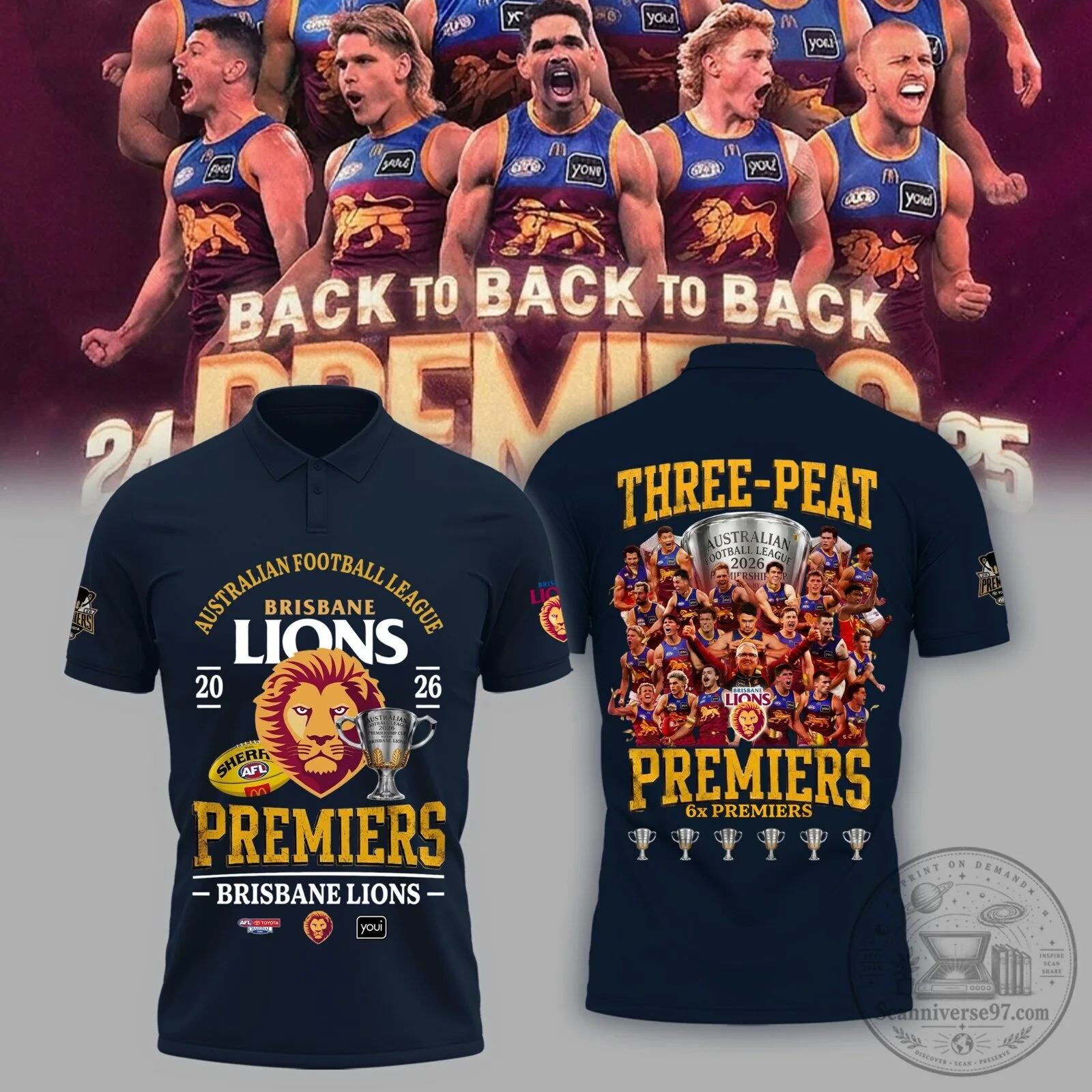 Brisbane Lions Australian Football League 2026 Premiers Three-Peat Polo Shirt