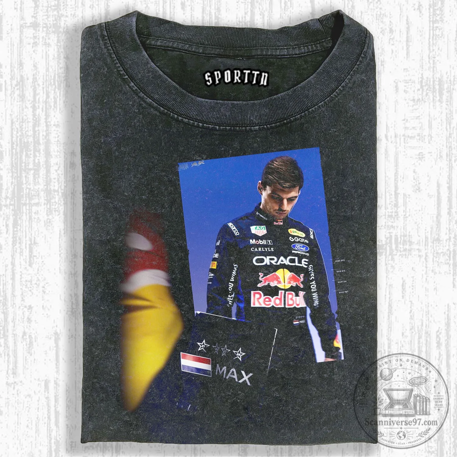Black Graphic T-Shirt Featuring Max Verstappen, Formula One Racing Driver