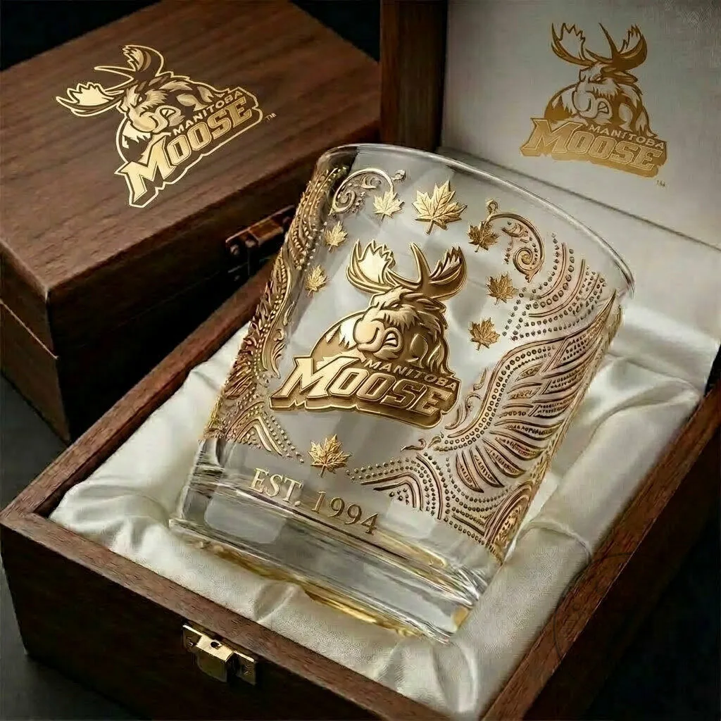 Manitoba Moose Hockey Team Whiskey Drinking Glass with Gold Etched Logo