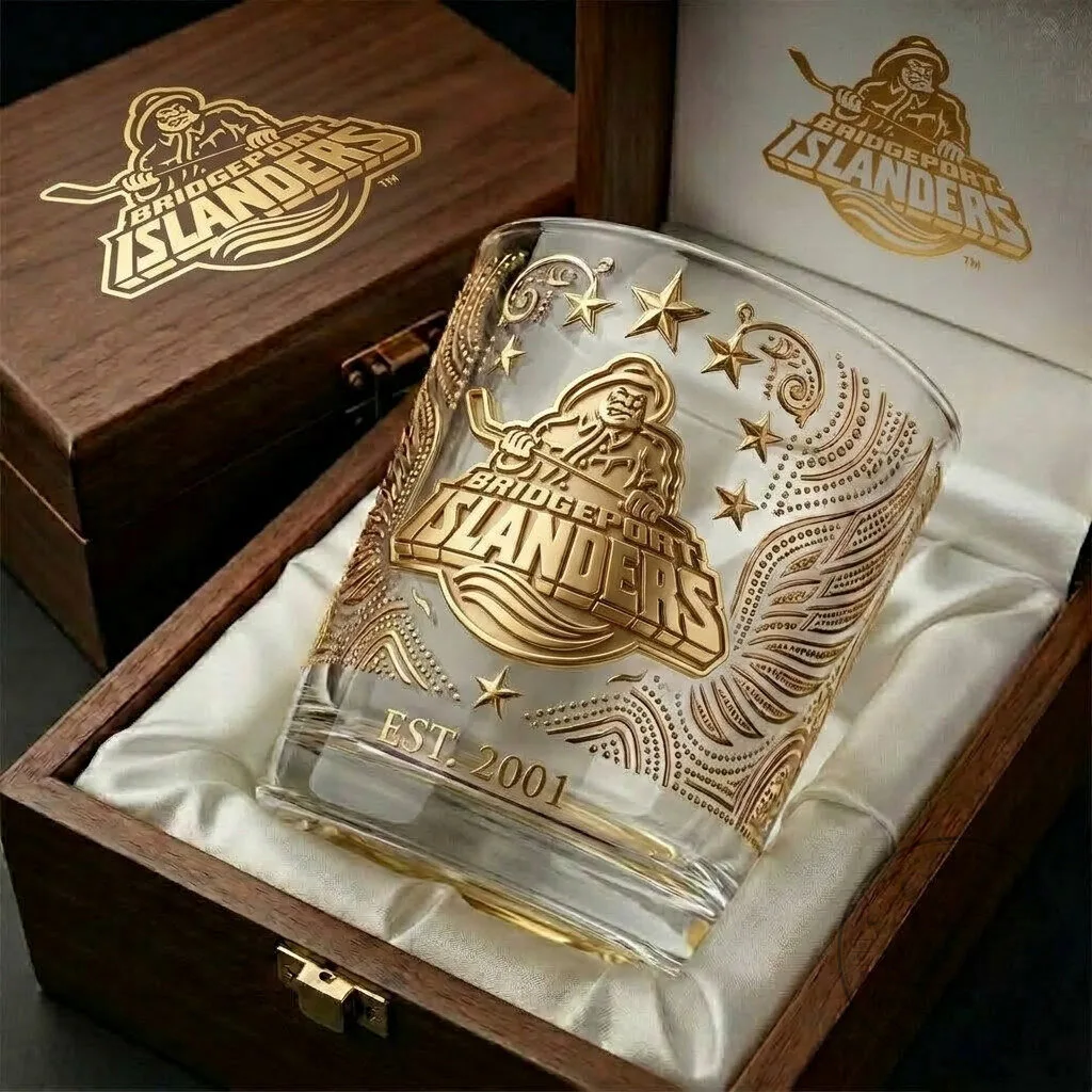 Bridgeport Islanders Hockey Team Gold Logo Engraved Whiskey Glass