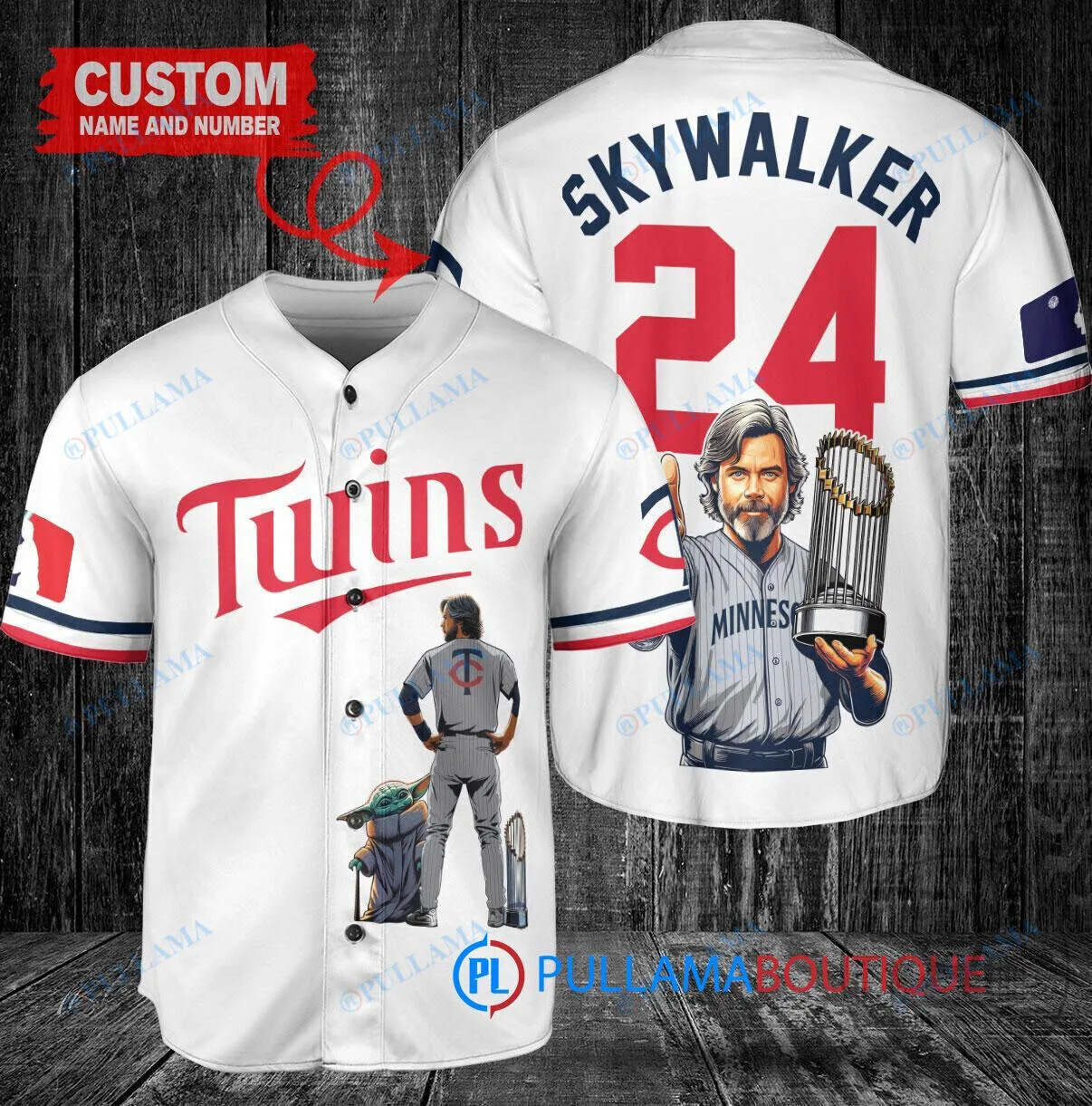 Luke Skywalker Minnesota Twins Baseball Jersey with World Series Trophy