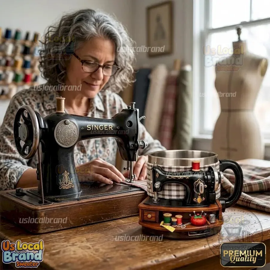 Vintage Sewing Machine Design Coffee Mug for Seamstress and Crafters
