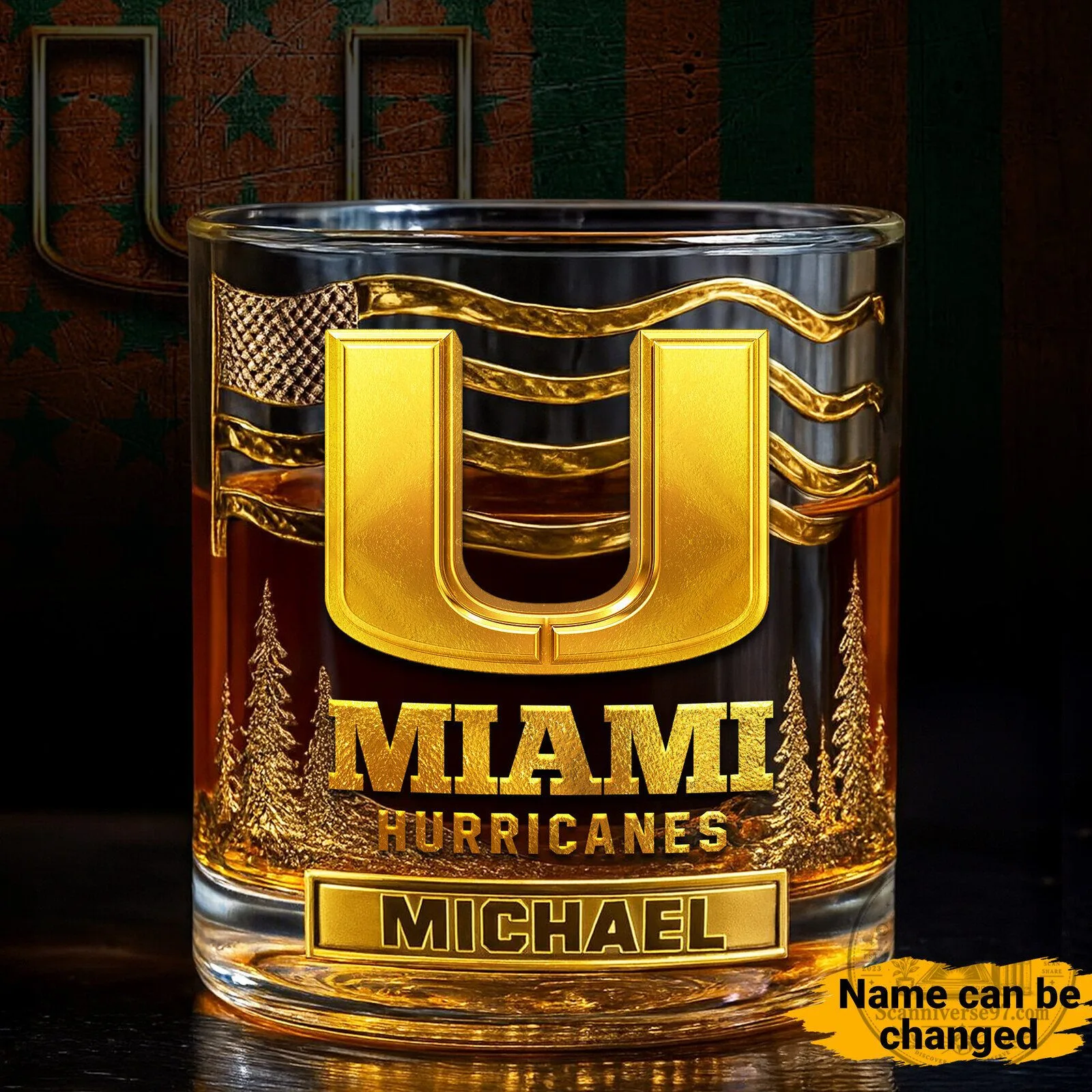 Miami Hurricanes Personalized Whiskey Glass, University of Miami Football Fan Gift