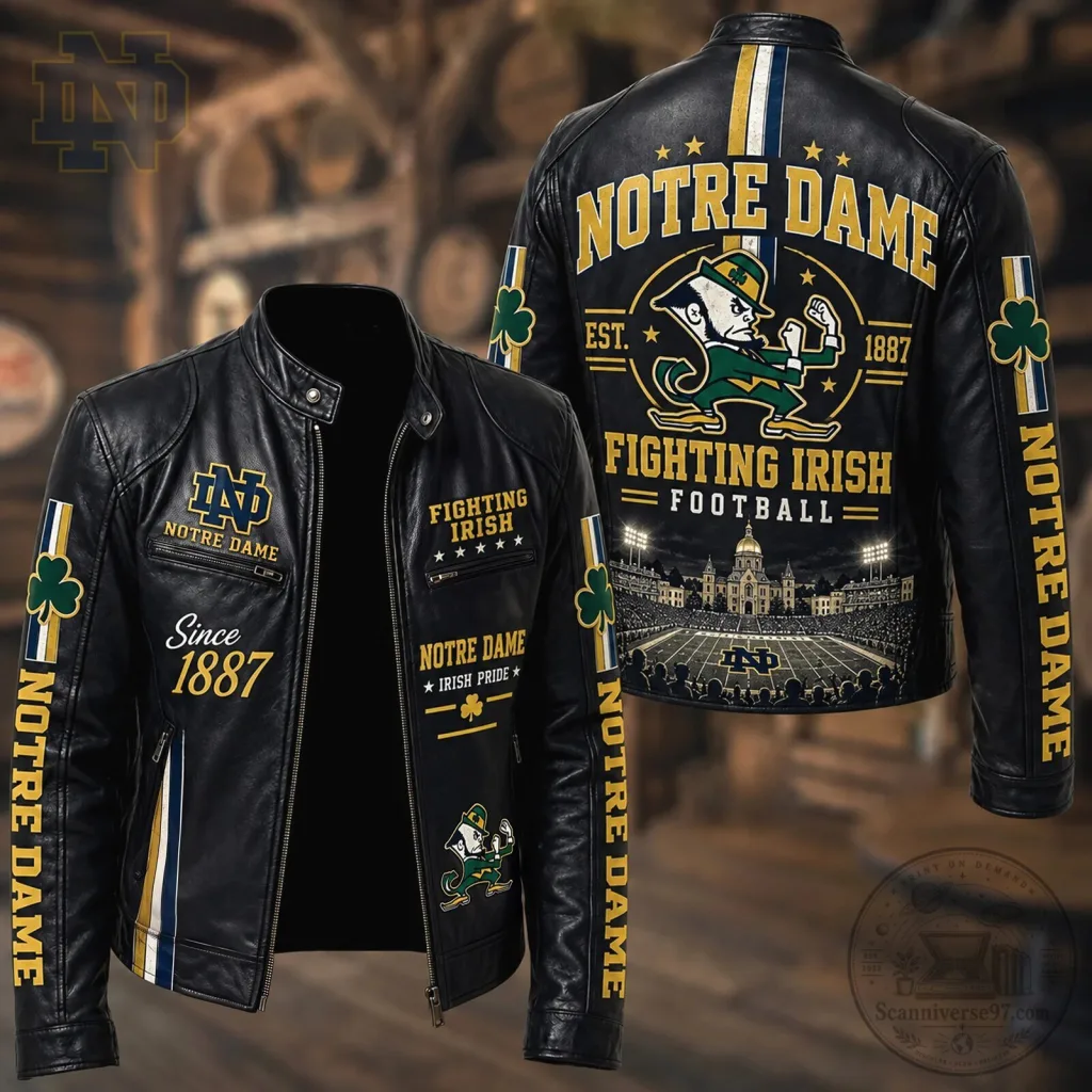 Notre Dame Fighting Irish Football Since 1887 Black Leather Jacket Notre Dame Fighting Irish Football Since 1887 Black Leather Jacket