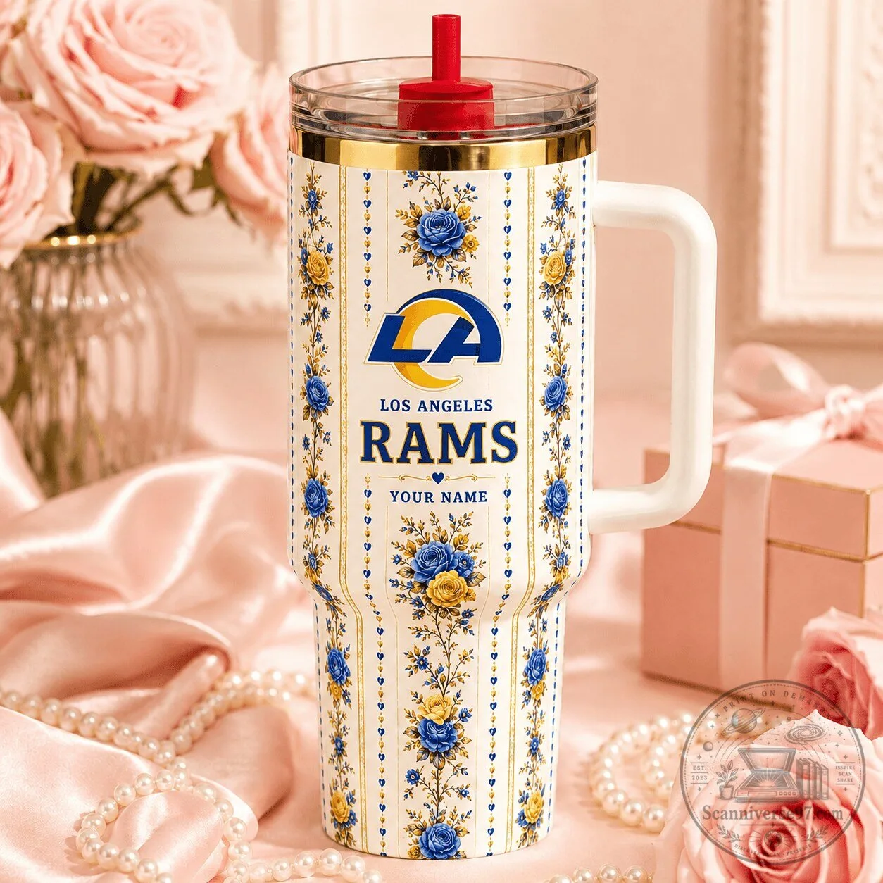 Los Angeles Rams NFL Floral Pattern Insulated Straw Tumbler with Handle