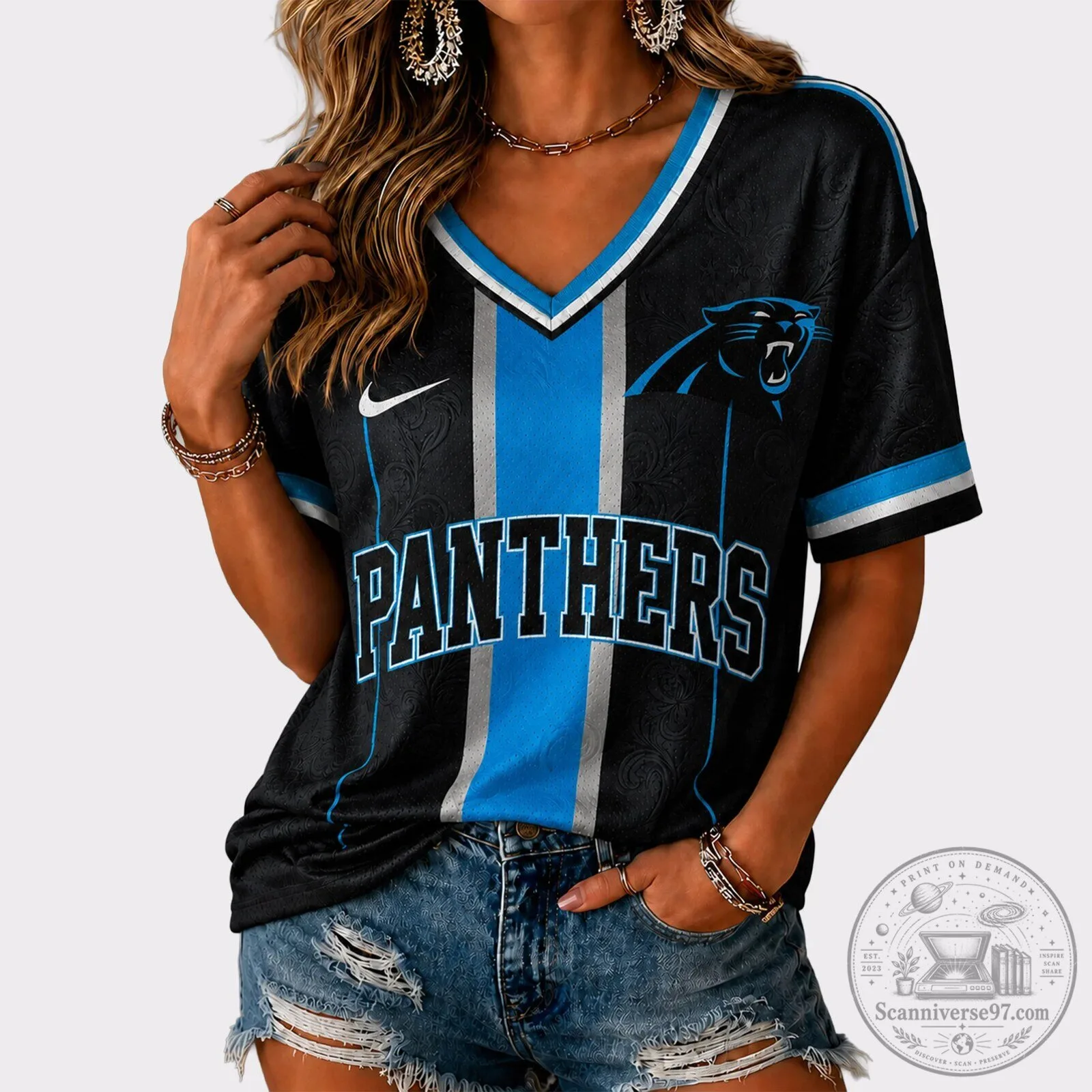 Carolina Panthers NFL Football Team Black and Blue Striped V-Neck Jersey
