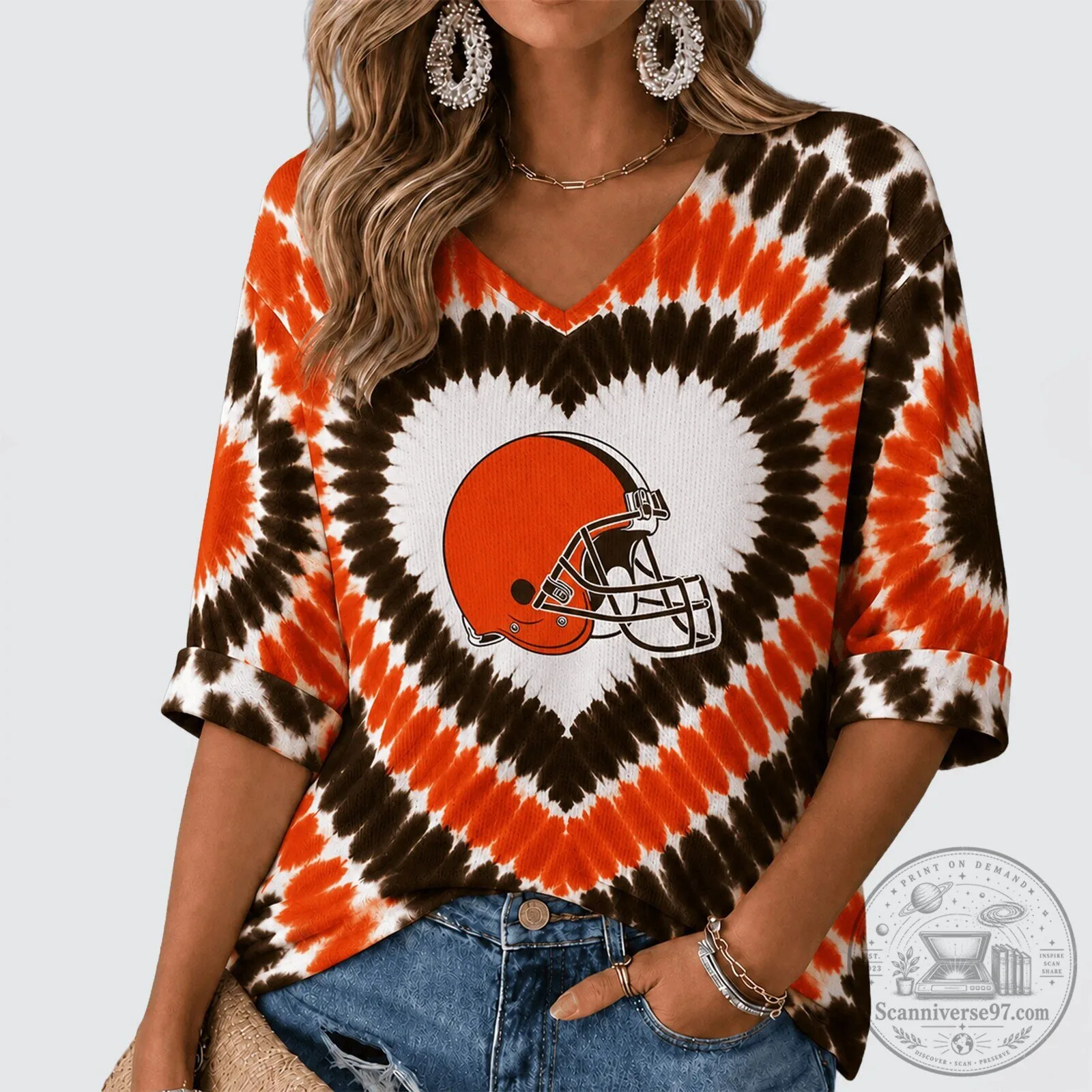 Cleveland Browns Football Team Tie Dye Heart V-Neck Short Sleeve T-Shirt
