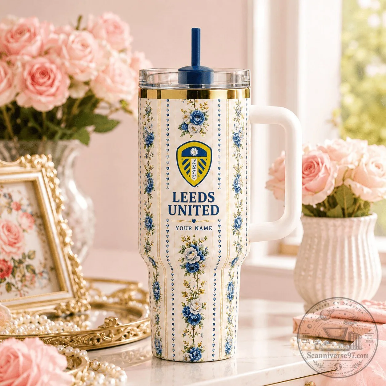 Leeds United Football Club Floral Pattern Insulated Tumbler with Handle