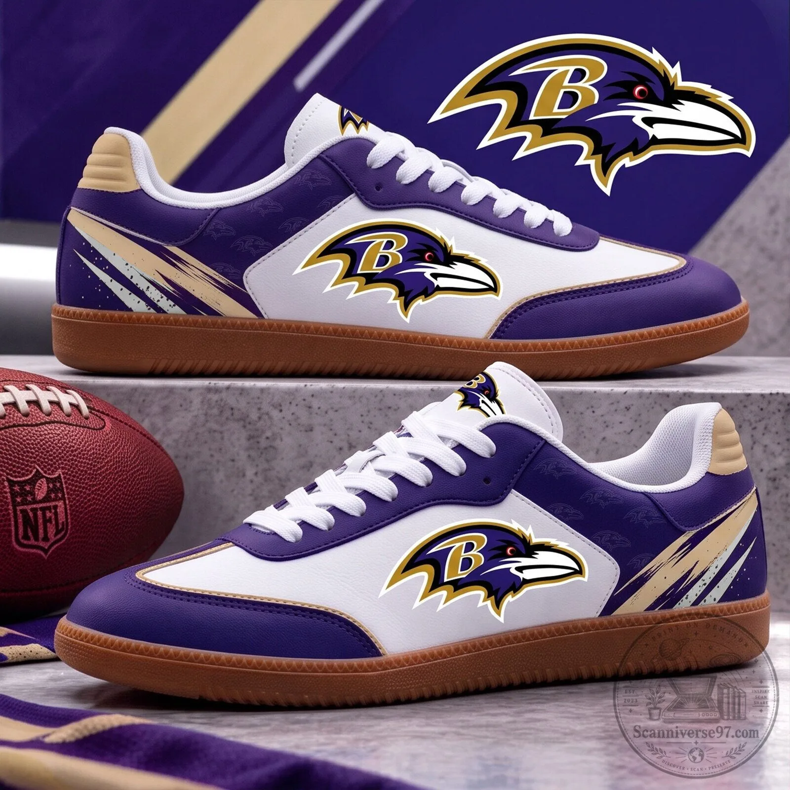 Baltimore Ravens NFL Team Logo White and Purple Sneakers Shoes