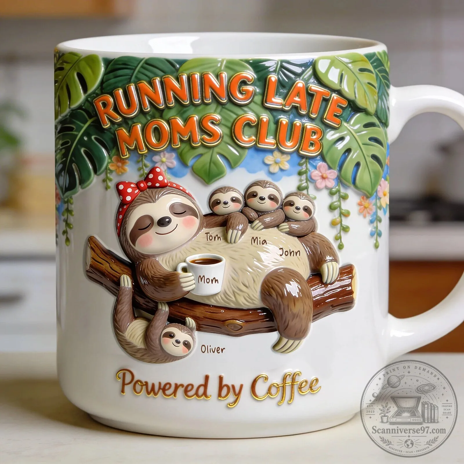 Running Late Moms Club Sloth Coffee Mug with Personalized Kids Names