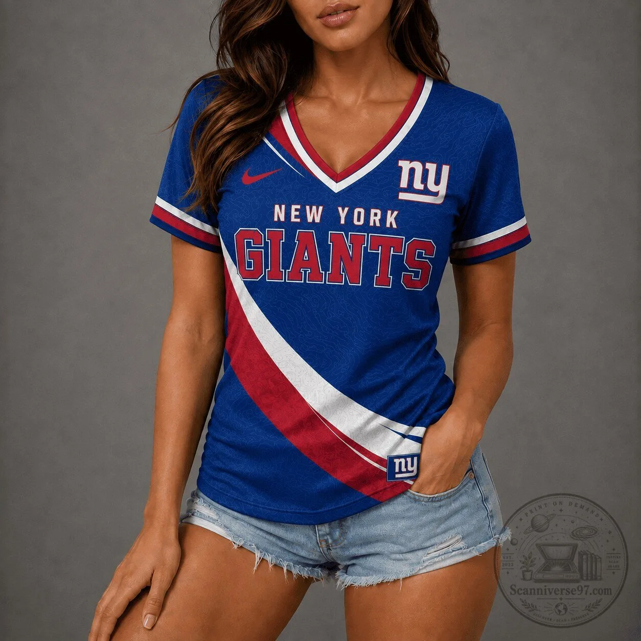 New York Giants NFL Football Team Blue and Red Stripe Women's V-Neck T-Shirt