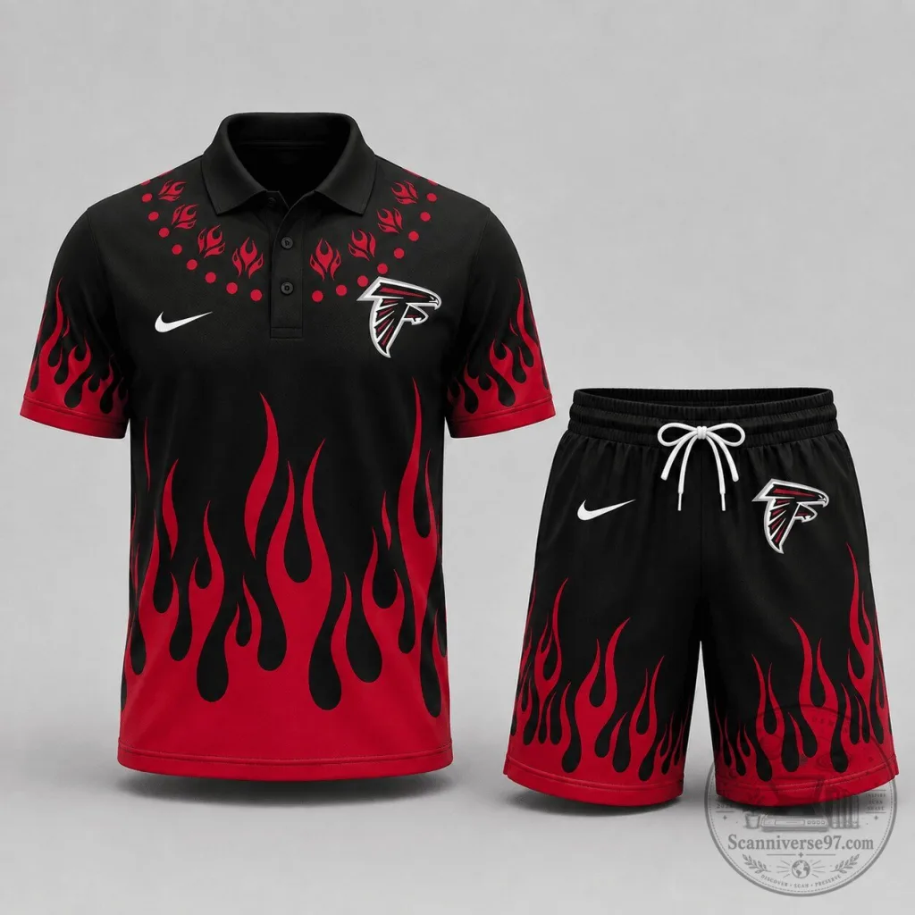 Black Polo Shirt and Shorts Set with Red Flame Pattern for Atlanta Falcons Fans Black Polo Shirt and Shorts Set with Red Flame Pattern for Atlanta Falcons Fans