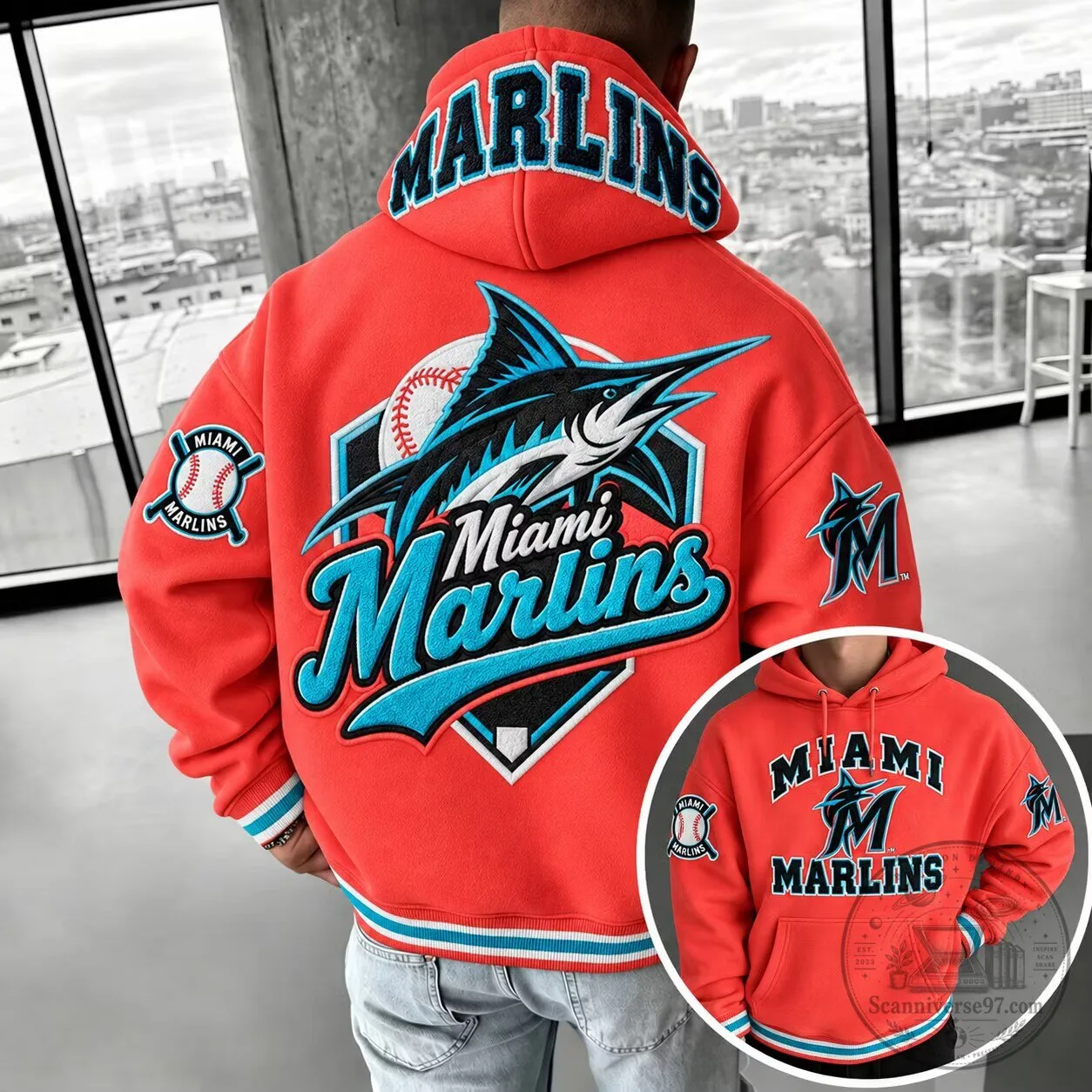 Miami Marlins Baseball Team Logo Embroidered Orange Oversized Hoodie