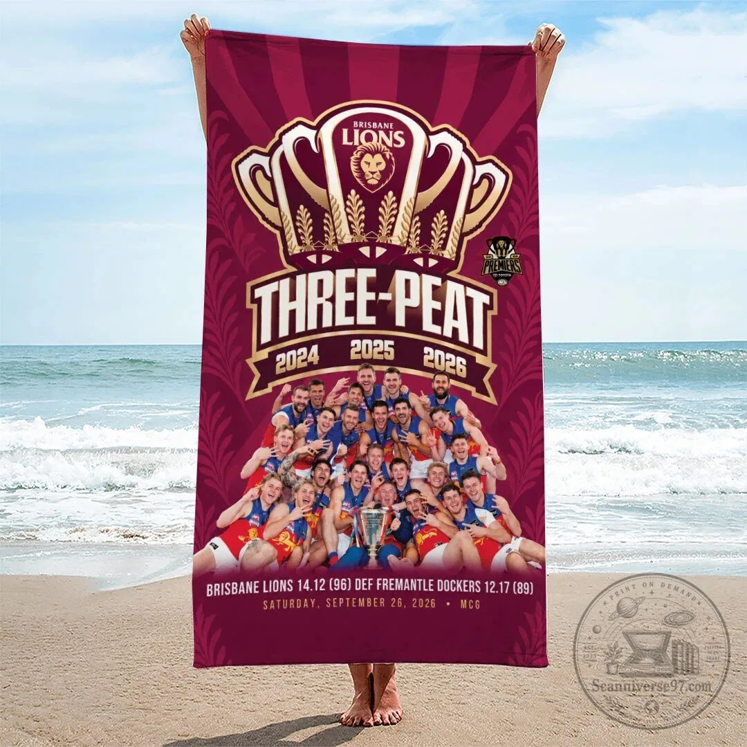Brisbane Lions Three-Peat 2024 2025 2026 AFL Premiers Beach Towel