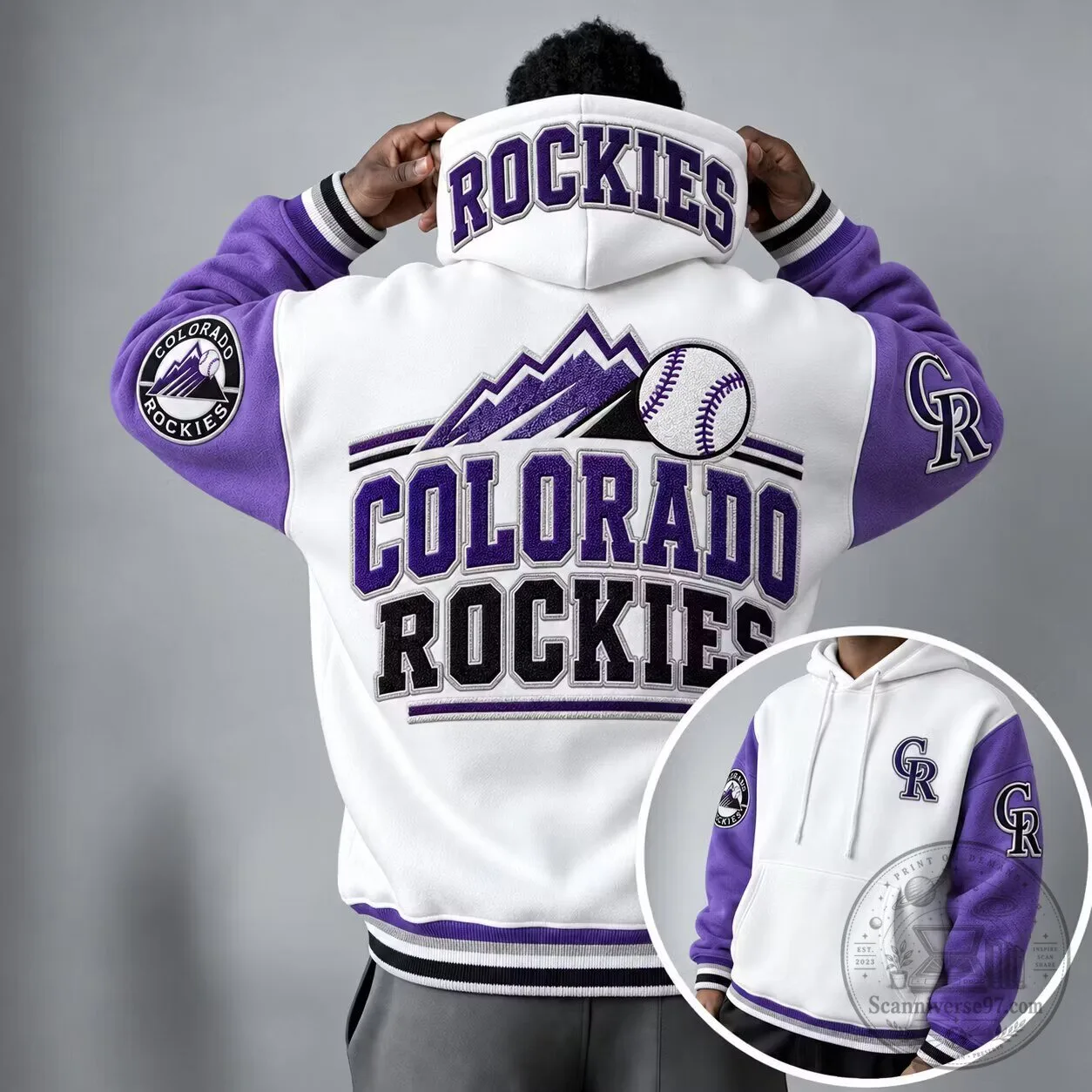 Colorado Rockies Baseball Team Logo Embroidered White and Purple Hoodie