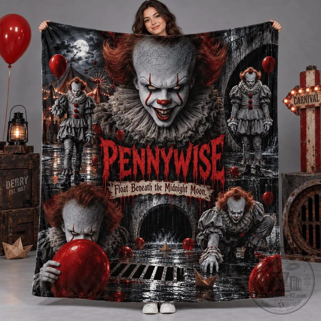 Pennywise Clown Horror Movie Float Beneath The Midnight Moon Fleece Blanket Pennywise Clown Horror Movie Float Beneath The Midnight Moon Fleece Blanket